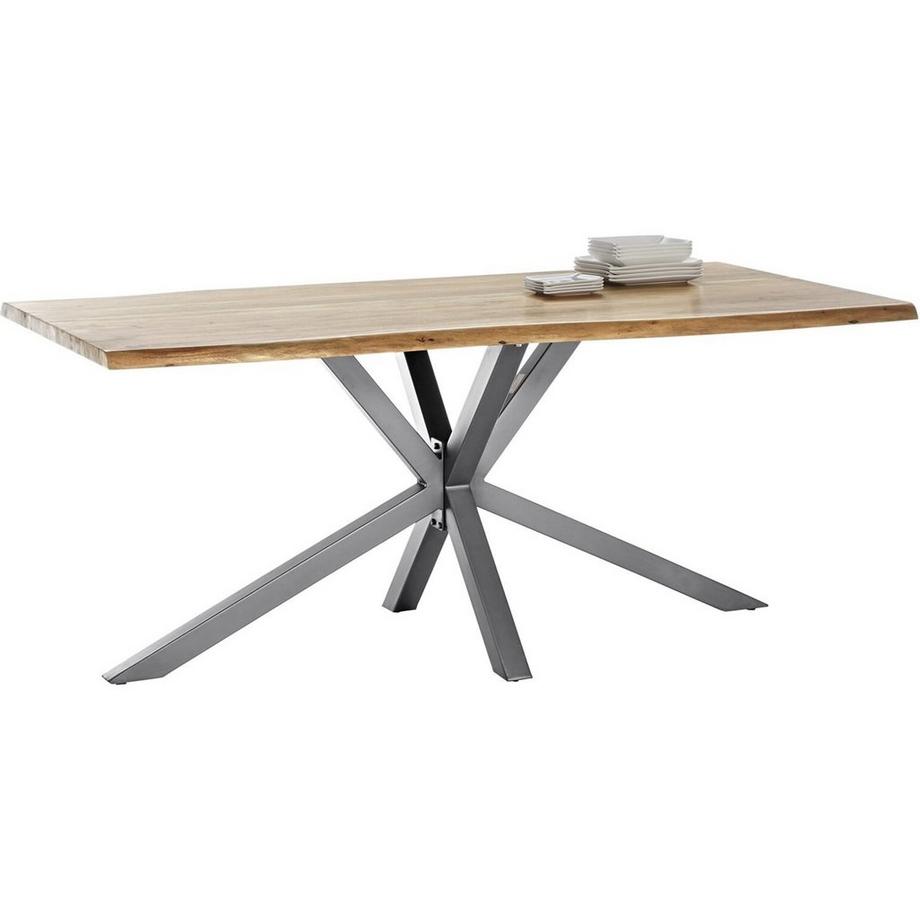 Table 200x100 cm - acacia naturel - métal argenté antique - avec bordure d'arbre