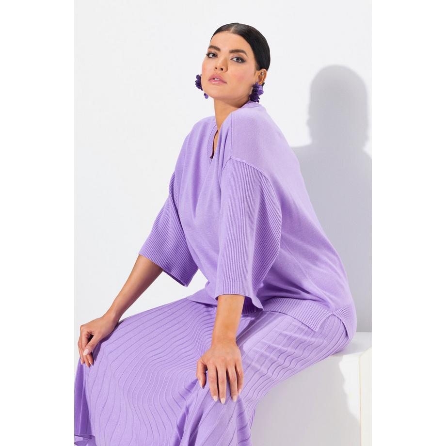 Ulla Popken Pullover Oversize Girocollo con Maniche 3/4 a Costine  