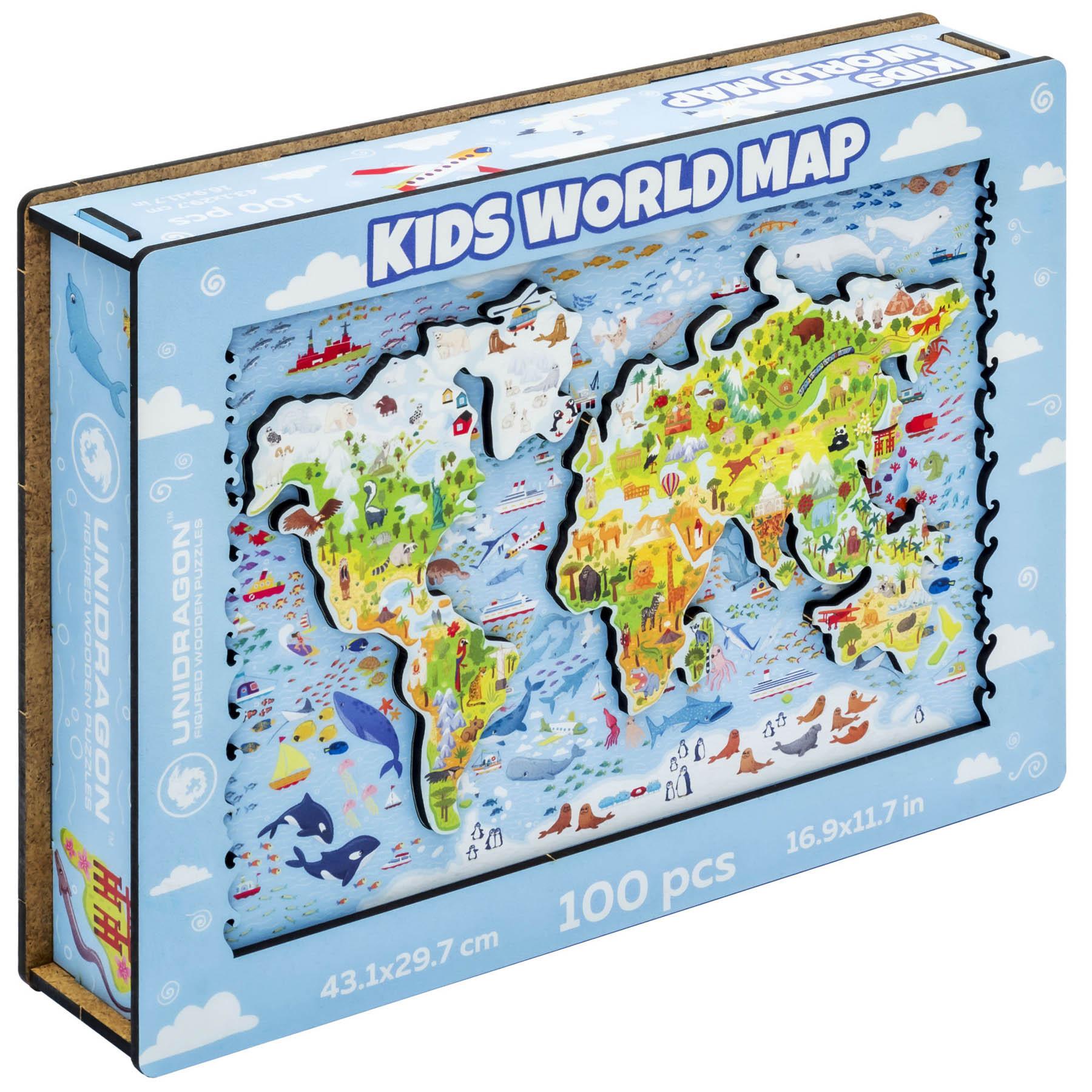 Unidragon  Carte du monde colorée (100 pièces) - Puzzle en bois pour enfants 