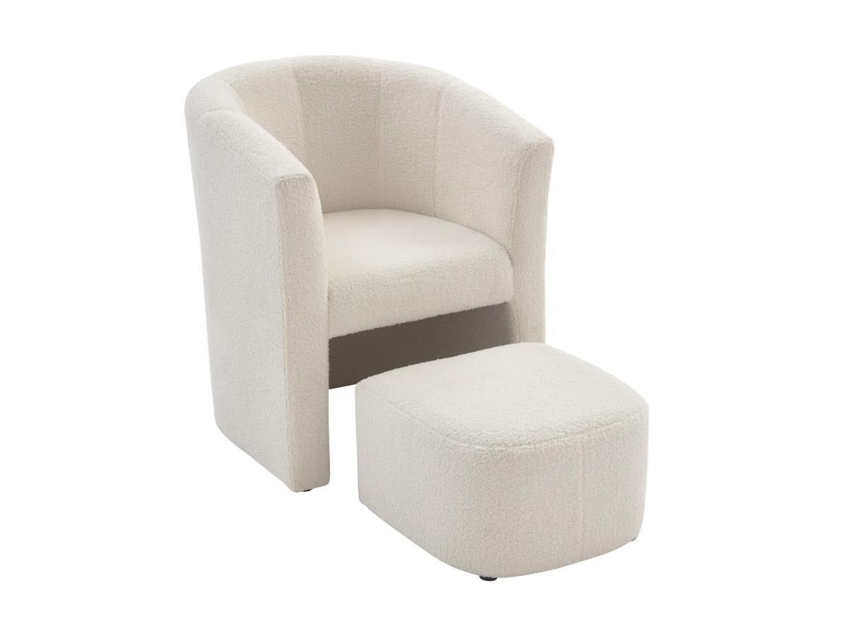 Vente-unique Fauteuil cabriolet et pouf en tissu bouclette blanc JOVANA  