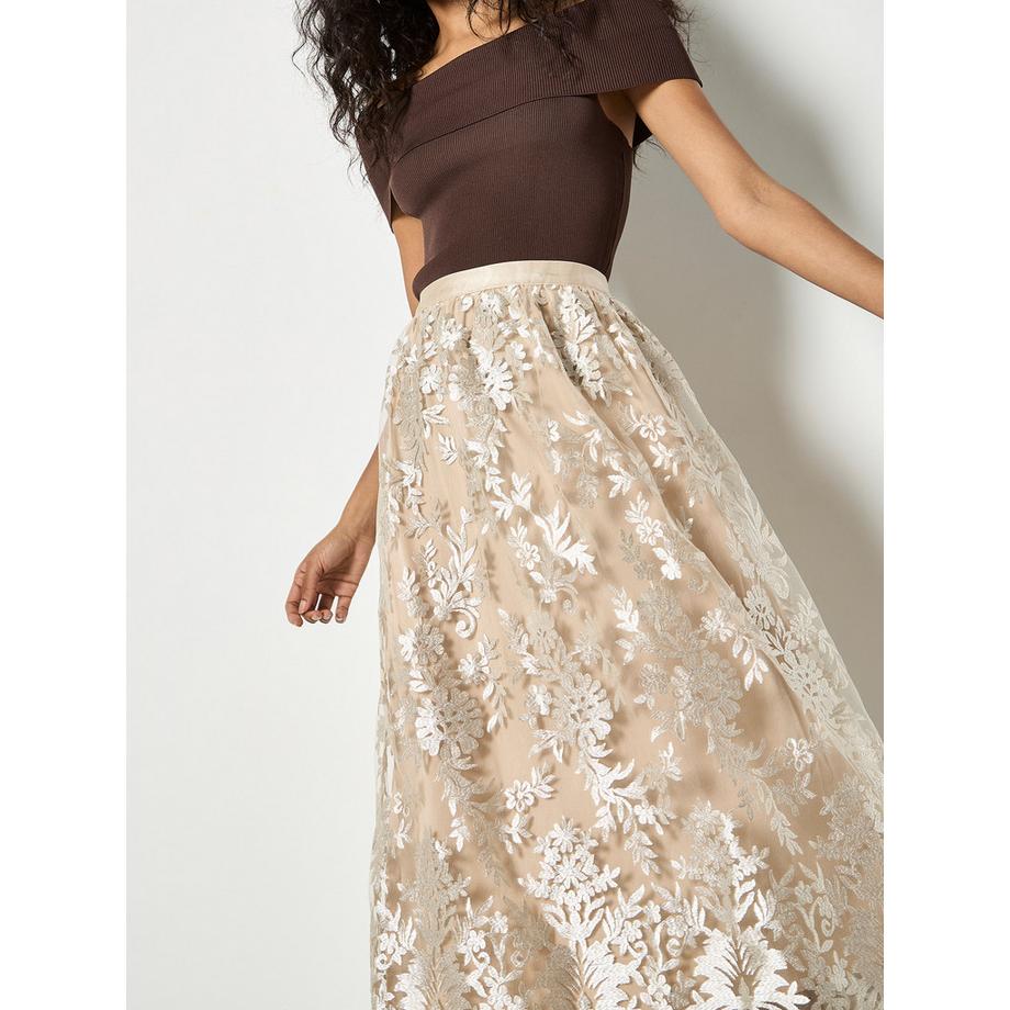 APRICOT Jupe Midi Chatoyante en Maille Broderie Florale  