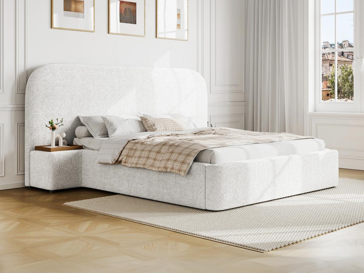 Maison Céphy Lit coffre 160 x 200 cm avec chevets - Tissu bouclette - Blanc + Matelas - ESTERIA de Maison Céphy  