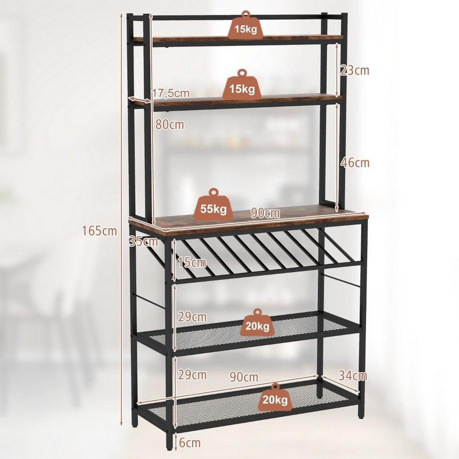 Northio Etagère de cuisine avec porte-bouteilles jusqu'à 10 bouteilles & plan de travail & 5 étagères support de boulanger marron  