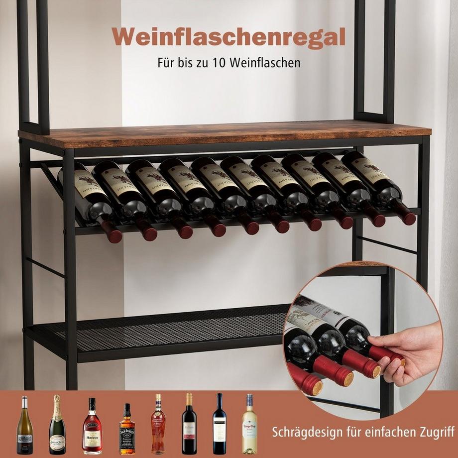 Northio Etagère de cuisine avec porte-bouteilles jusqu'à 10 bouteilles & plan de travail & 5 étagères support de boulanger marron  