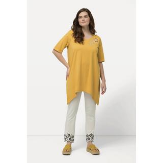 Ulla Popken  T-shirt in cotone biologico con ricami traforati, scollo a girocollo e mezze maniche 