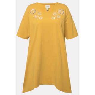 Ulla Popken  T-shirt in cotone biologico con ricami traforati, scollo a girocollo e mezze maniche 