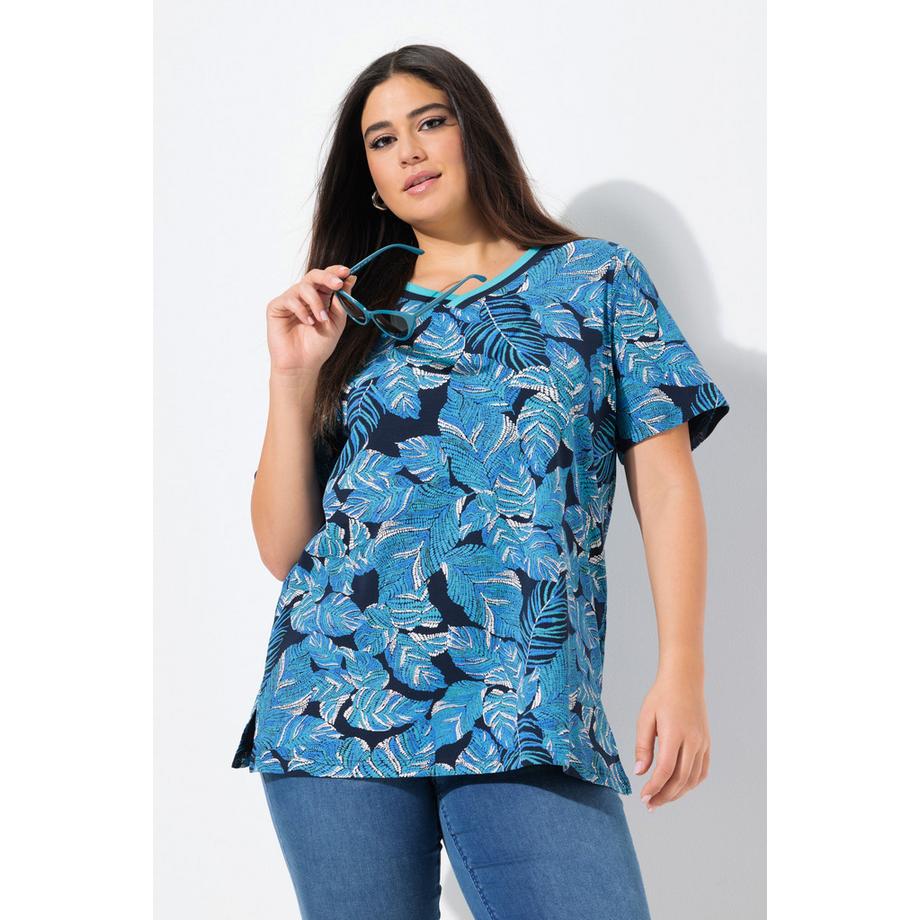 Ulla Popken Blätter A-Linie V-Ausschnitt Flügel-Halbarm T-Shirt  