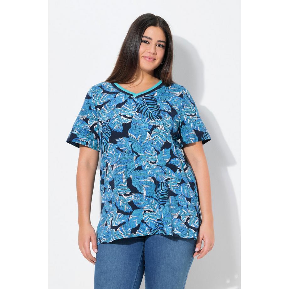 Ulla Popken Blätter A-Linie V-Ausschnitt Flügel-Halbarm T-Shirt  