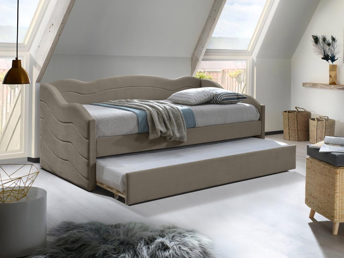 Vente-unique Lit banquette gigogne 2 x 90 x 190 cm - Velours - Taupe + Matelas - LENVIA  