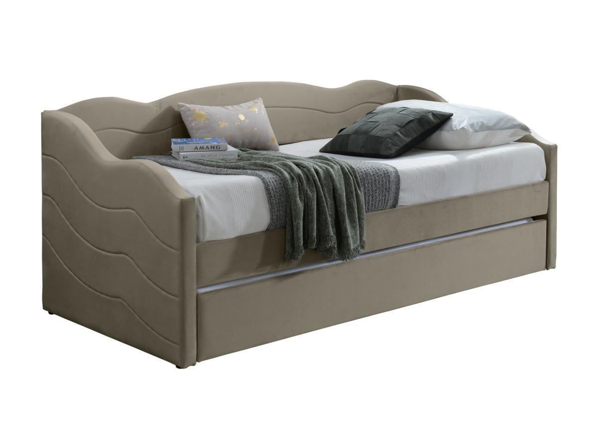 Vente-unique Lit banquette gigogne 2 x 90 x 190 cm - Velours - Taupe + Matelas - LENVIA  