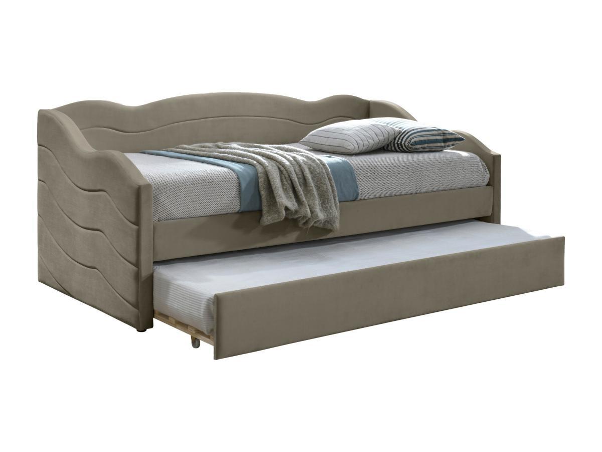 Vente-unique Lit banquette gigogne 2 x 90 x 190 cm - Velours - Taupe + Matelas - LENVIA  