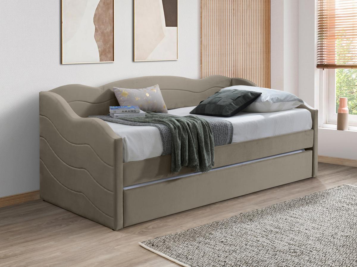 Vente-unique Letto divano a scomparsa 2 x 90 x 190 cm Velluto Beige + Materasso - LENVIA  