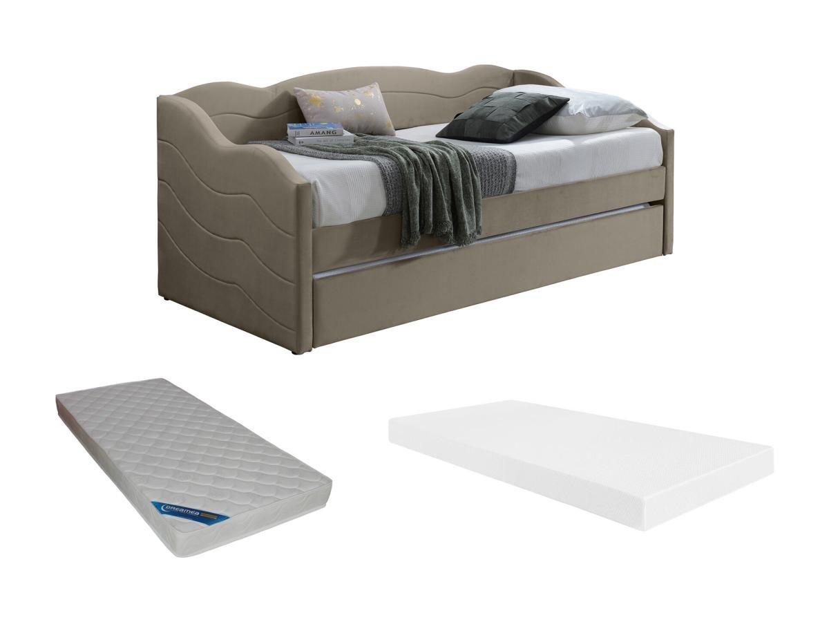 Vente-unique Lit banquette gigogne 2 x 90 x 190 cm - Velours - Taupe + Matelas - LENVIA  