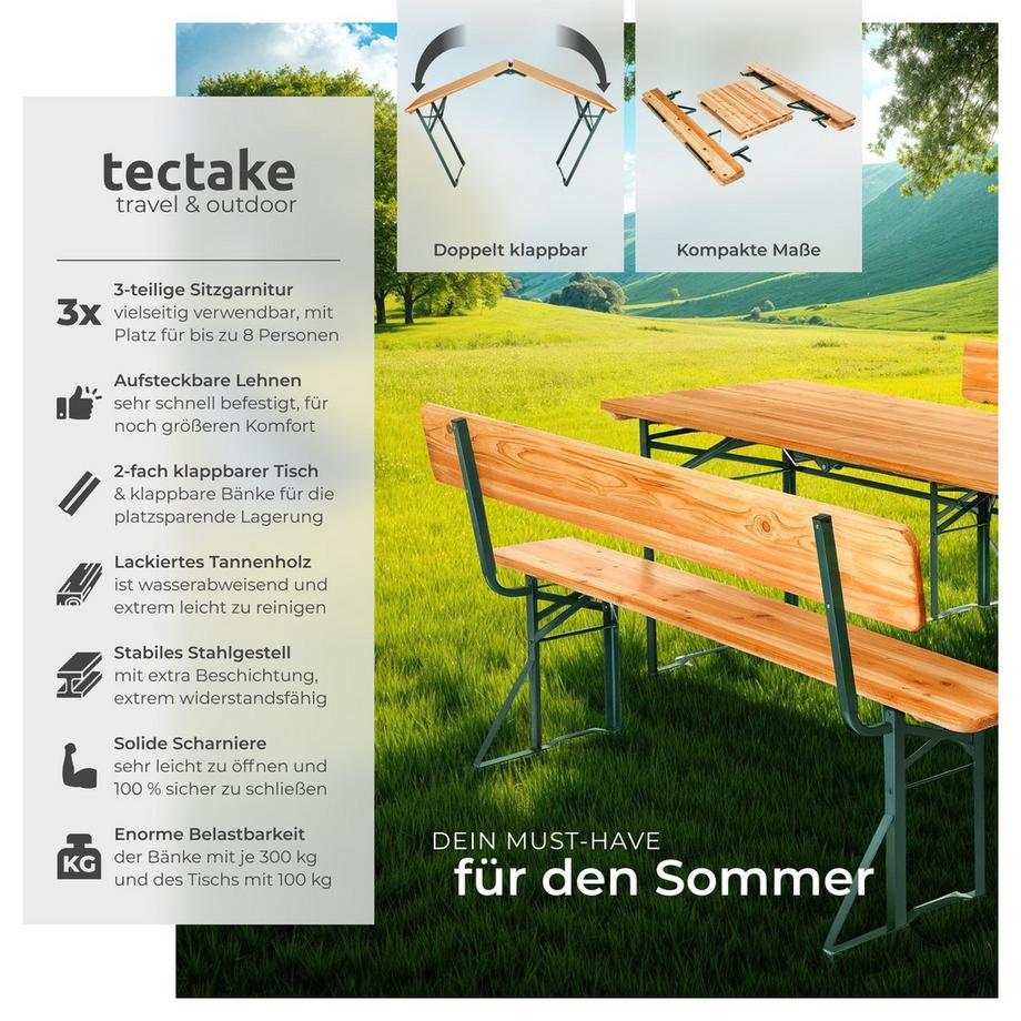 Tectake  Bierzeltgarnitur Franz II 3-teilig, klappbar, abnehmbare Rückenlehnen Tisch 170 x 69 x 77 cm, Bank 170 x 41 x 83 cm 