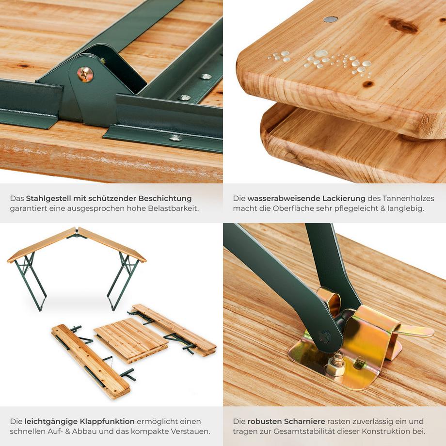 Tectake  Bierzeltgarnitur Franz II 3-teilig, klappbar, abnehmbare Rückenlehnen Tisch 170 x 69 x 77 cm, Bank 170 x 41 x 83 cm 