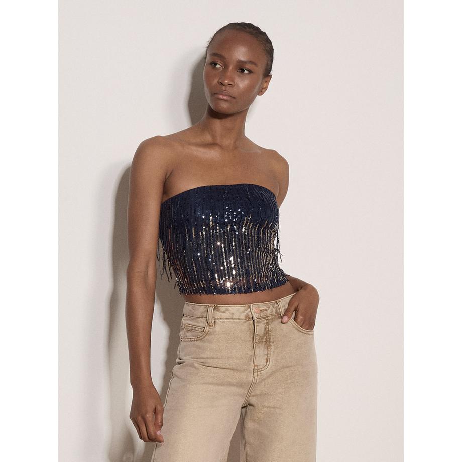 APRICOT Bandeau Crop Top à Franges et Paillettes  