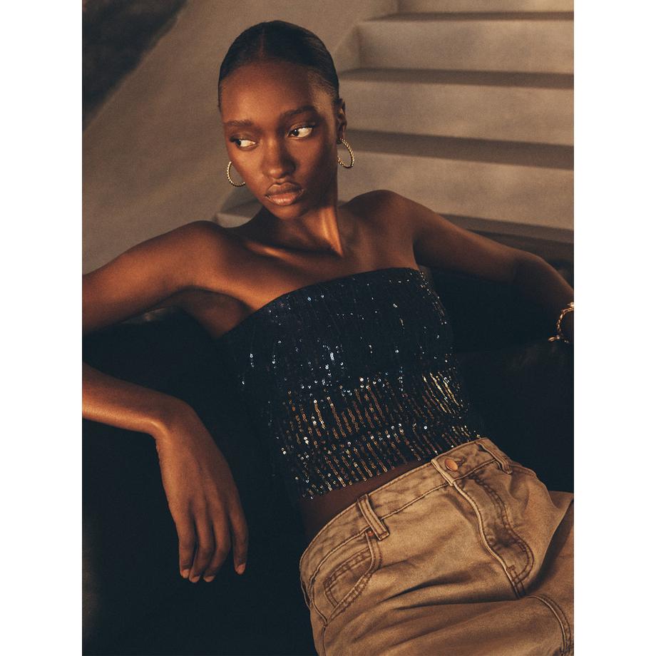 APRICOT Bandeau Crop Top à Franges et Paillettes  