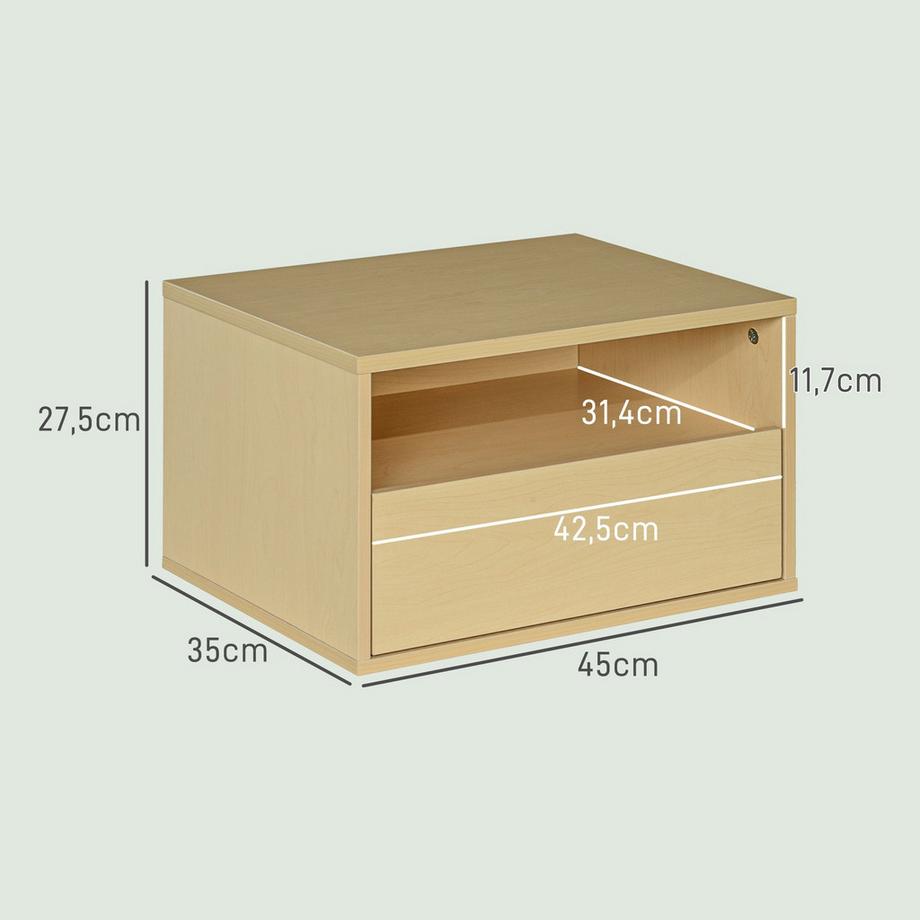 Northio Set di 2 comodini sospesi, comodino sospeso con cassetto, ripiano aperto, pensile per camera da letto, soggiorno, 45 x 35 x 27,5 cm, legno naturale  