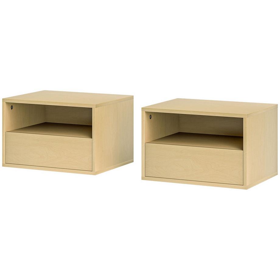 Set di 2 comodini sospesi, comodino sospeso con cassetto, ripiano aperto, pensile per camera da letto, soggiorno, 45 x 35 x 27,5 cm, legno naturale