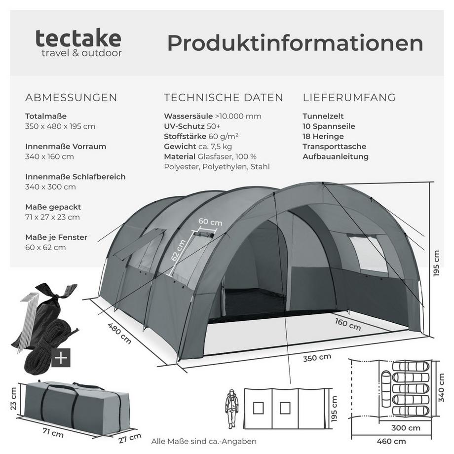Tectake  Tunnelzelt Roskilde für 6 Personen mit Vorzelt und Bodenplane, UV-Schutz 50+ 