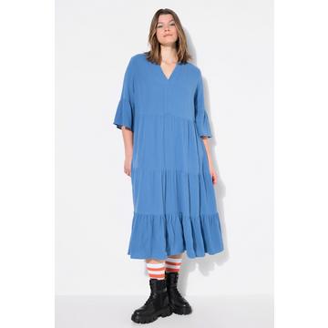 Maxikleid, A-Line, Musselin, Stehkragen, Volants, 3/4-Ärmel