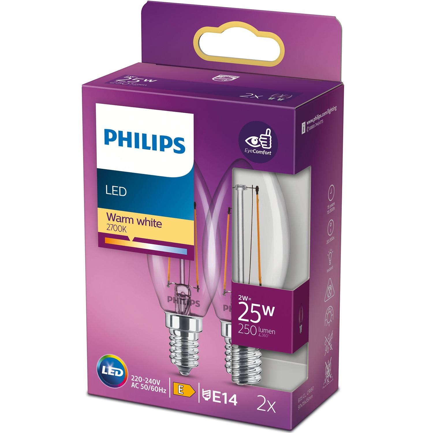 PHILIPS 2er-Pack LED E14 Crown 2W (25W) Klar 250lm  