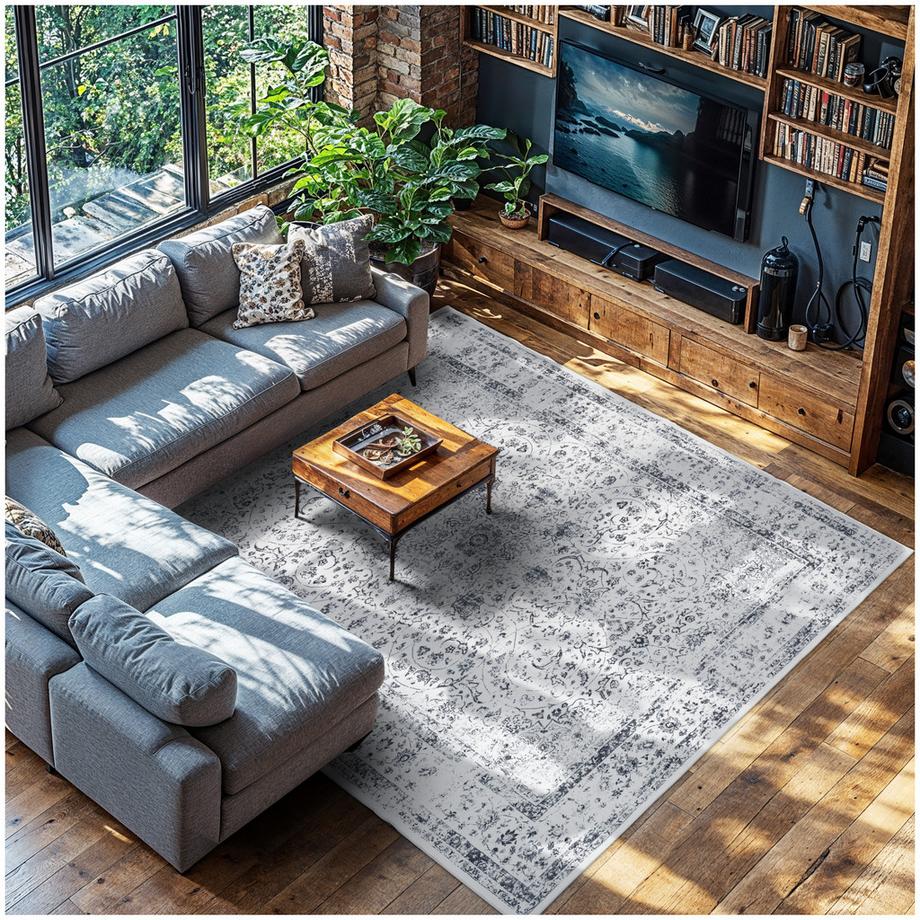 Tectake Tapis design vintage à poils courts ALIYA en laine synthétique et feutre  