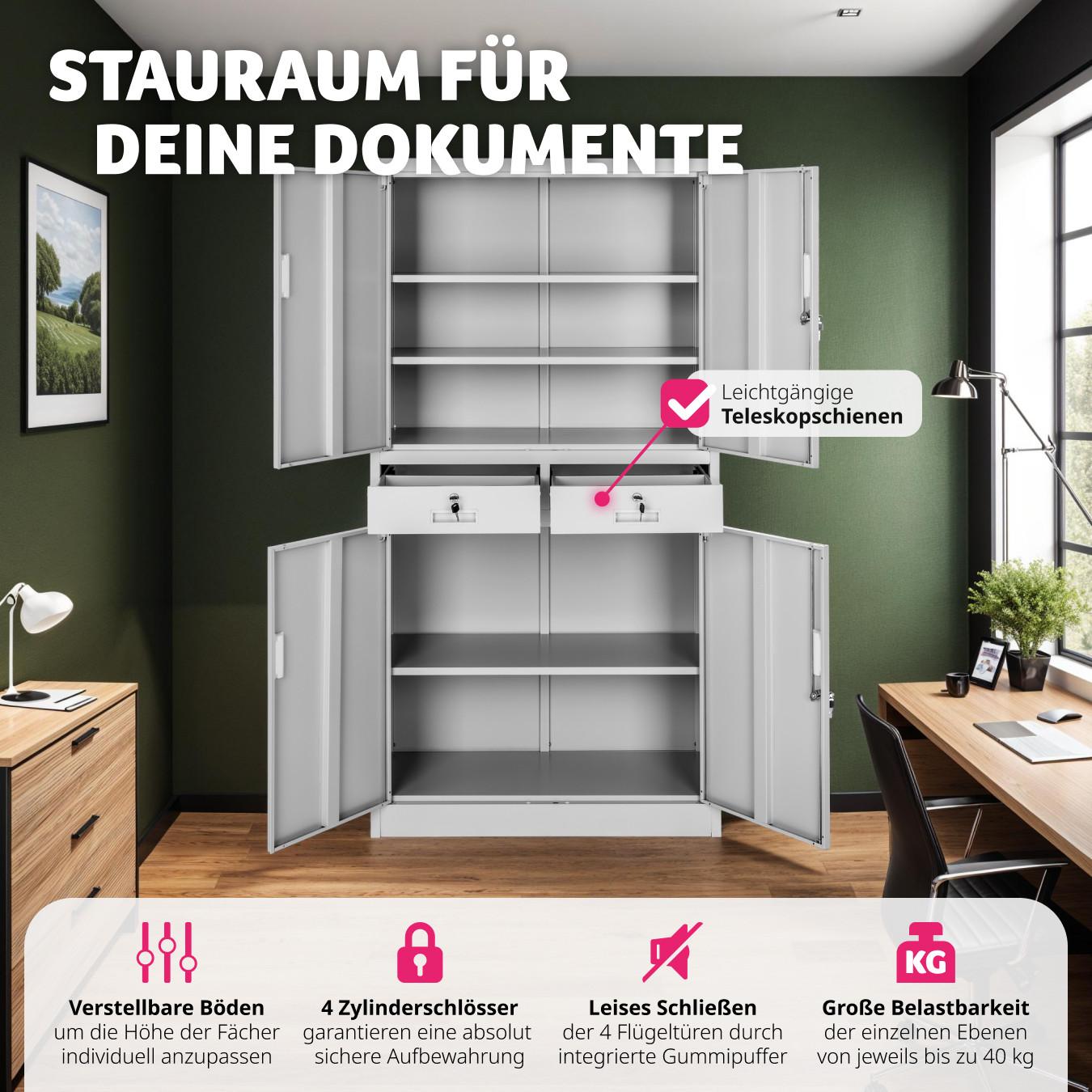 Tectake Aktenschrank Cosmo mit 2 Schubfächern 40x80x180cm abschliessbar  