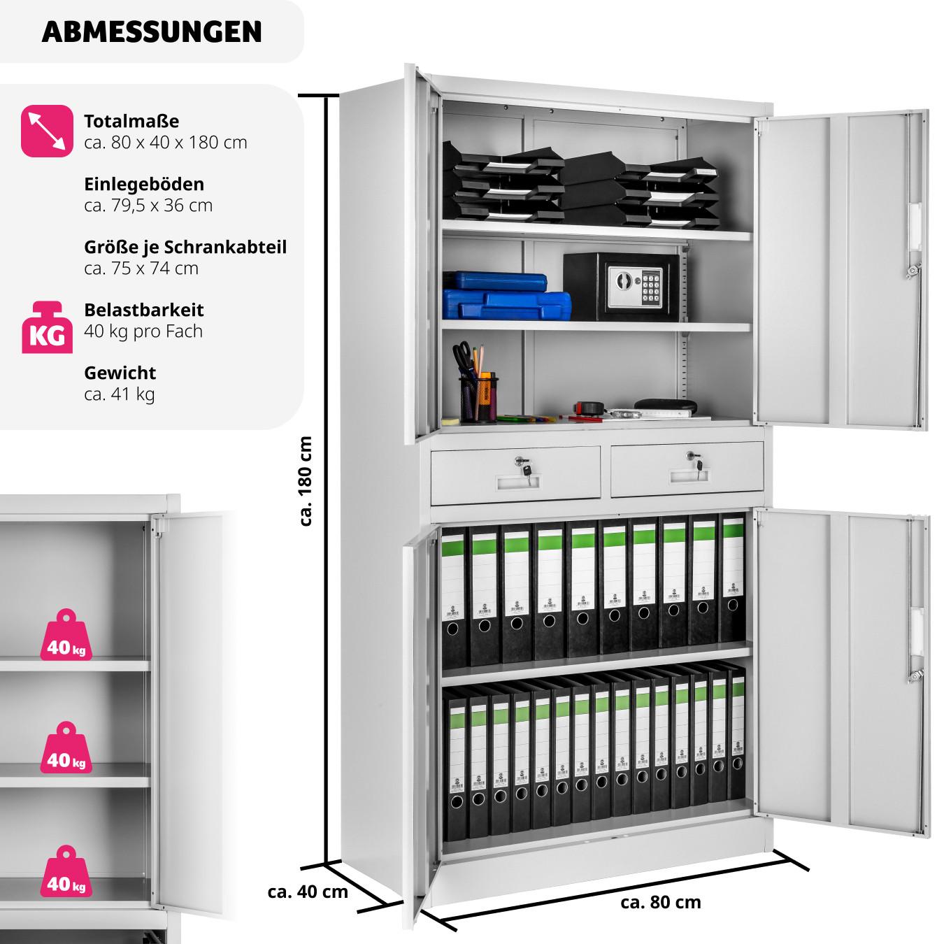 Tectake Aktenschrank Cosmo mit 2 Schubfächern 40x80x180cm abschliessbar  