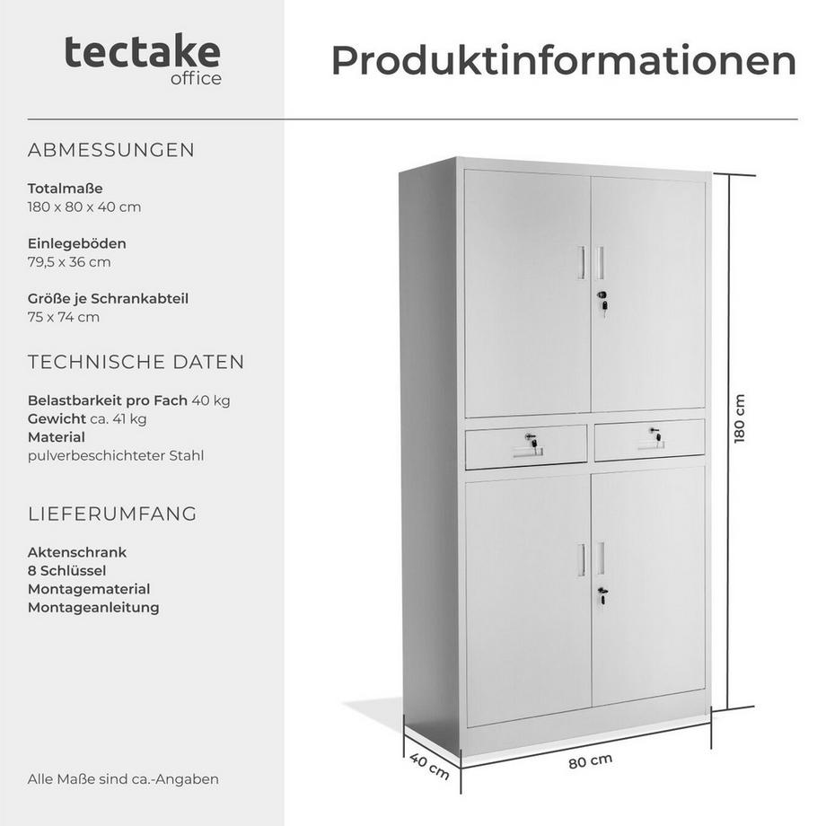 Tectake Aktenschrank  aus pulverbeschichtetem Stahl mit 4 Flügeltüren und 2 Schubfächern  