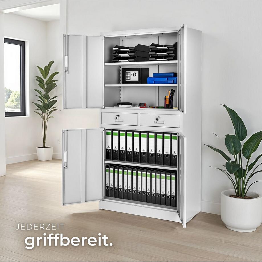 Tectake Aktenschrank  aus pulverbeschichtetem Stahl mit 4 Flügeltüren und 2 Schubfächern  