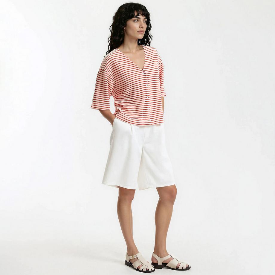 La Redoute Collections T-shirt Rayé Patte Boutonnée Col V  