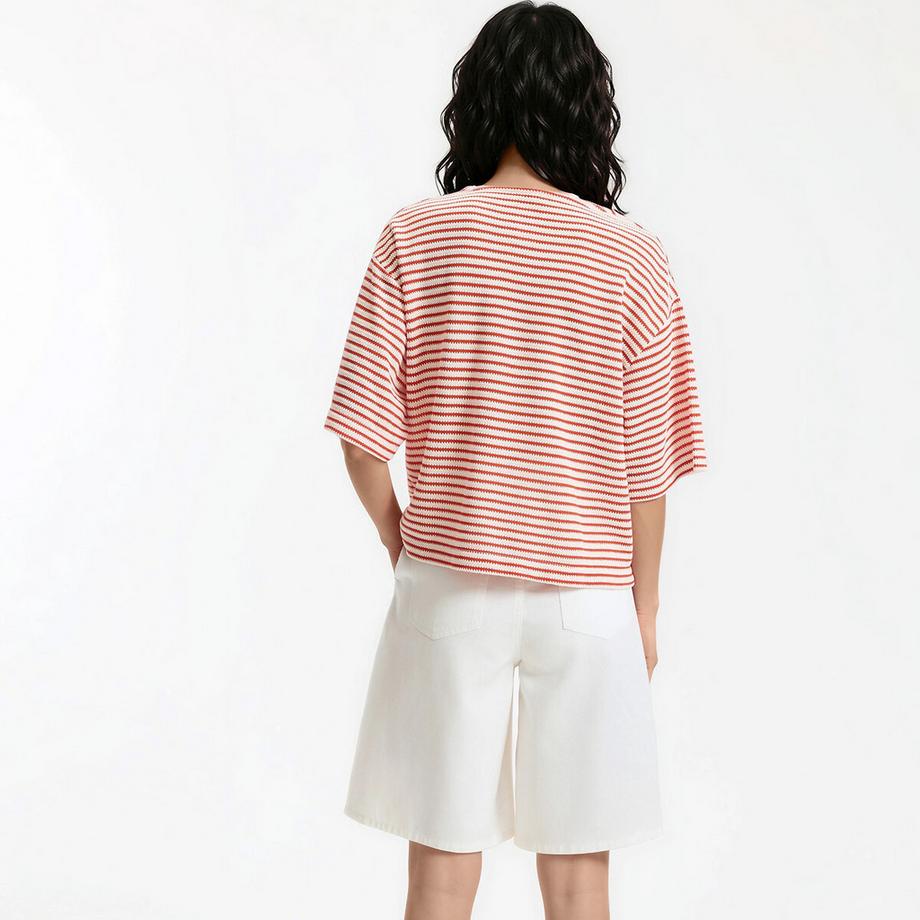 La Redoute Collections T-shirt Rayé Patte Boutonnée Col V  