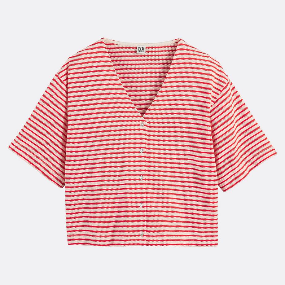 La Redoute Collections T-shirt Rayé Patte Boutonnée Col V  