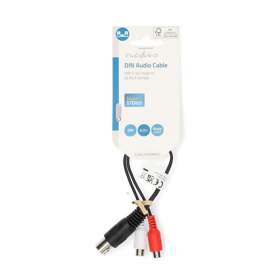 Nedis  Câble audio DIN | DIN 5-Pin Mâle | 2x RCA Femelle | Nickelé | 0.20 m | Rond | PVC | Noir | Label 