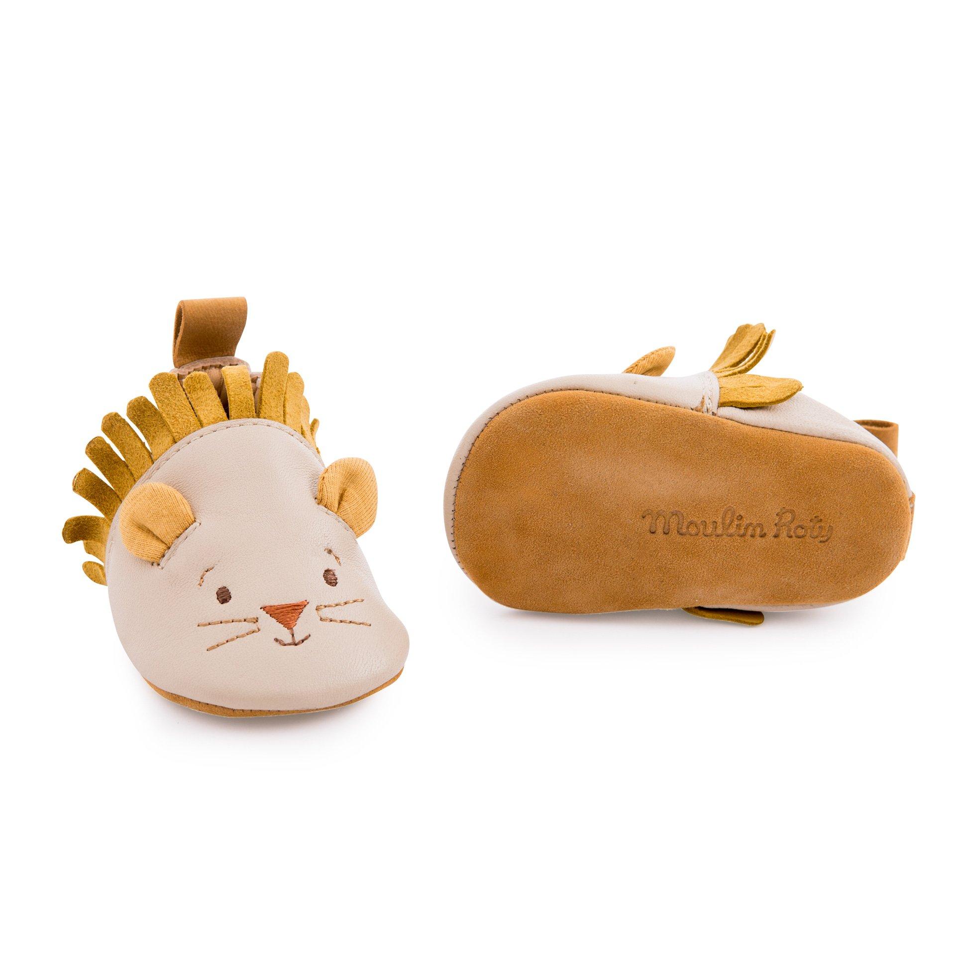 Moulin Roty  Chaussons cuir lion beige 0/6 m, Sous mon baobab, Moulin Roty 