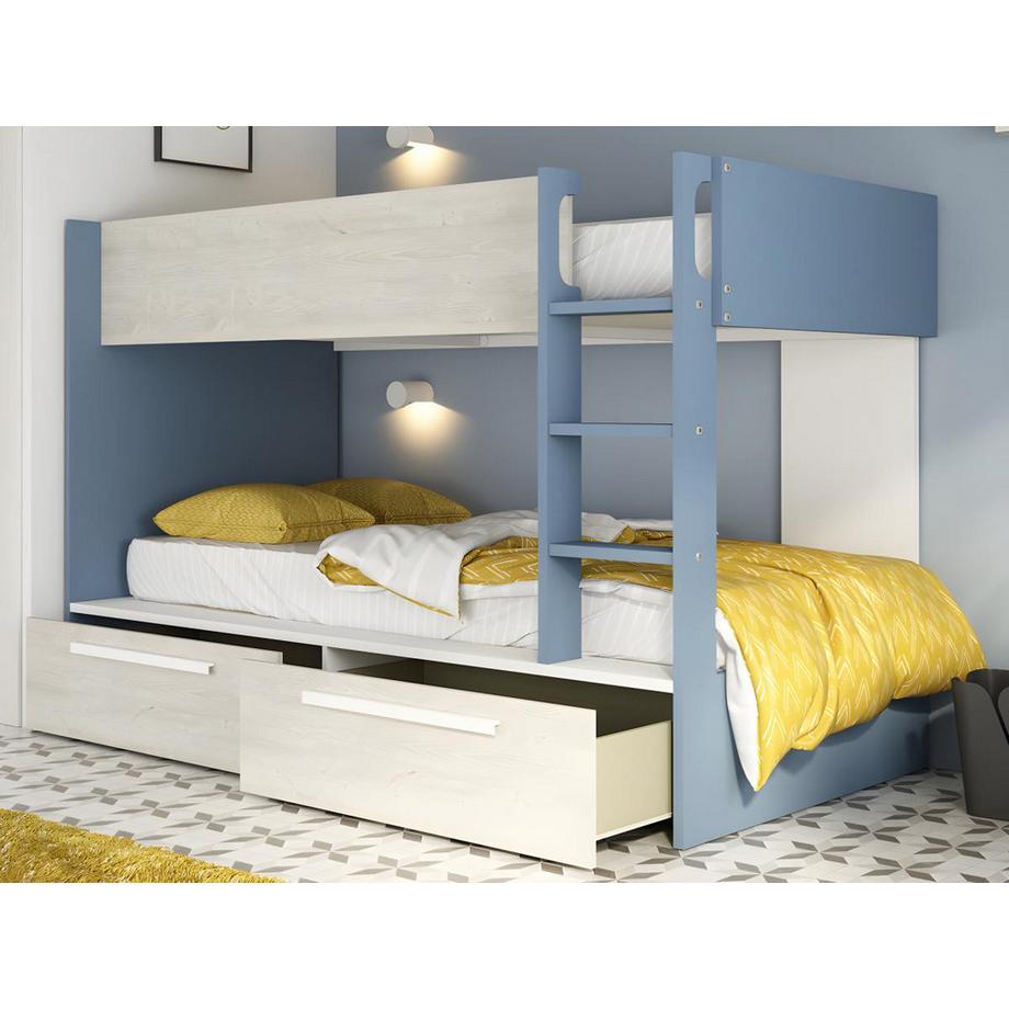 Vente-unique Letto a castello 2 cassetti 2 x 90 x 200 cm Blu, Naturale e Bianco - TINOLI  