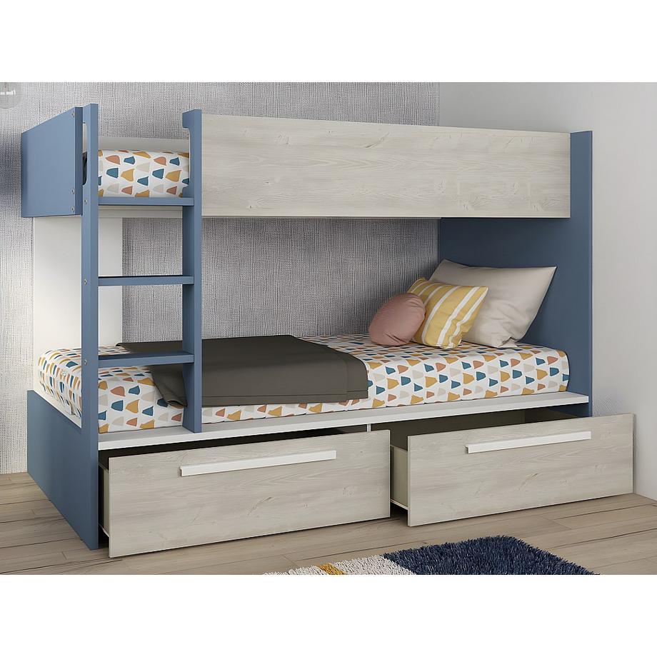 Vente-unique Letto a castello 2 cassetti 2 x 90 x 200 cm Blu, Naturale e Bianco - TINOLI  