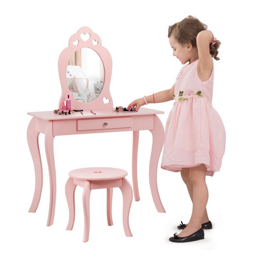 Northix  Coiffeuse enfant, coiffeuse, table de maquillage avec tabouret et miroir rose 
