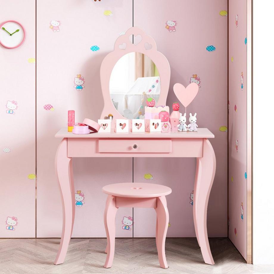 Northix  Coiffeuse enfant, coiffeuse, table de maquillage avec tabouret et miroir rose 
