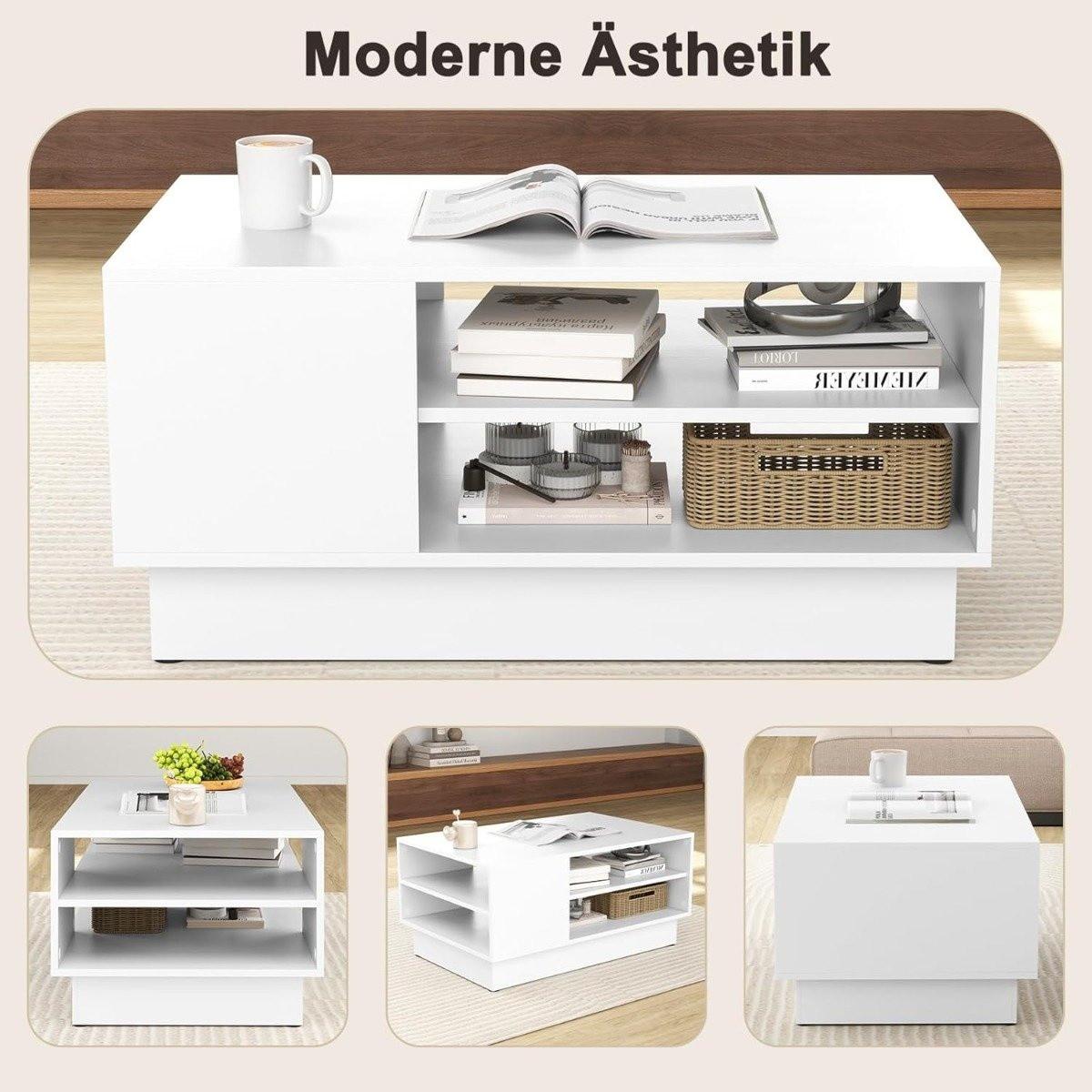 Northix Table basse en bois avec rangement & Compartiments ouverts table de salon table d'appoint table de canapé blanc  