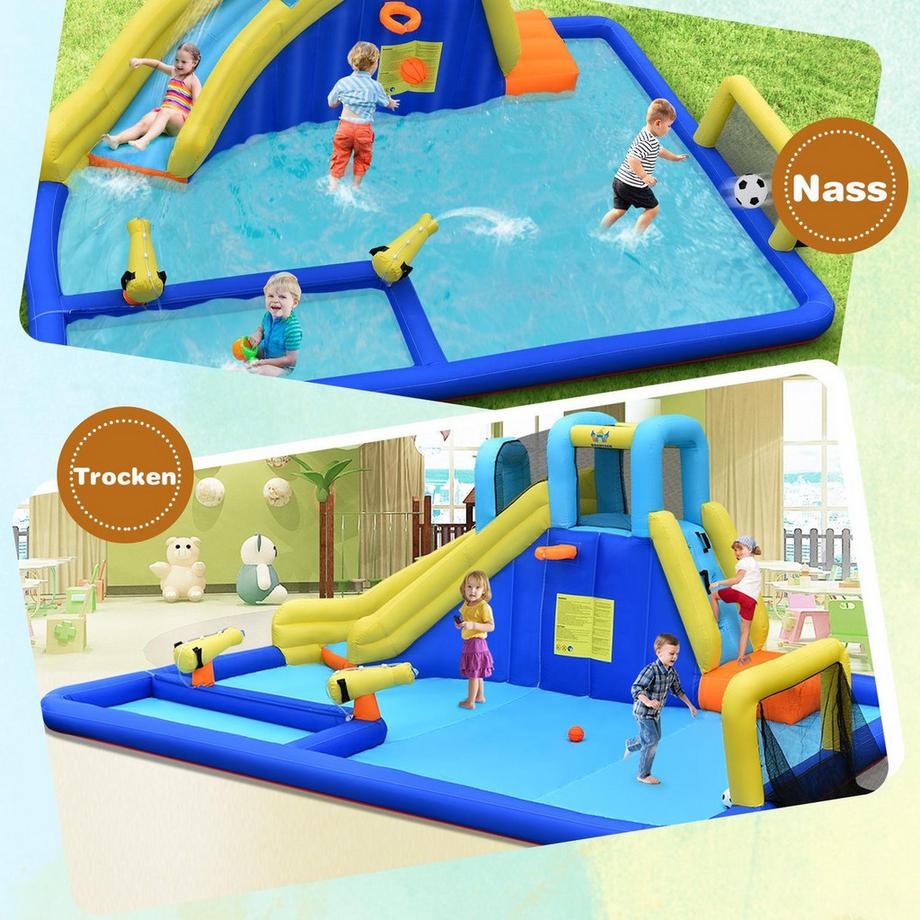 Northix  Aufblasbarer Wasserpark 6-in-1 Hüpfburg mit Wasserrutsche 526 x 373 x 203 cm Blau + Gelb 