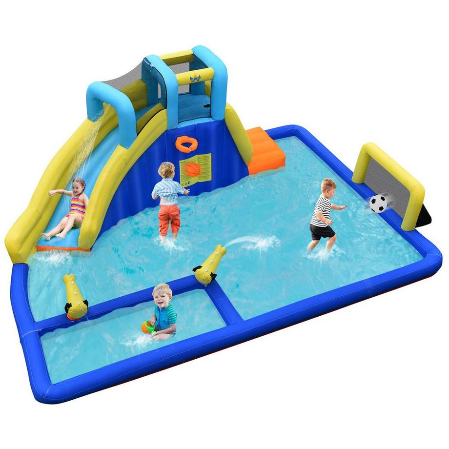 Northix  Aufblasbarer Wasserpark 6-in-1 Hüpfburg mit Wasserrutsche 526 x 373 x 203 cm Blau + Gelb 