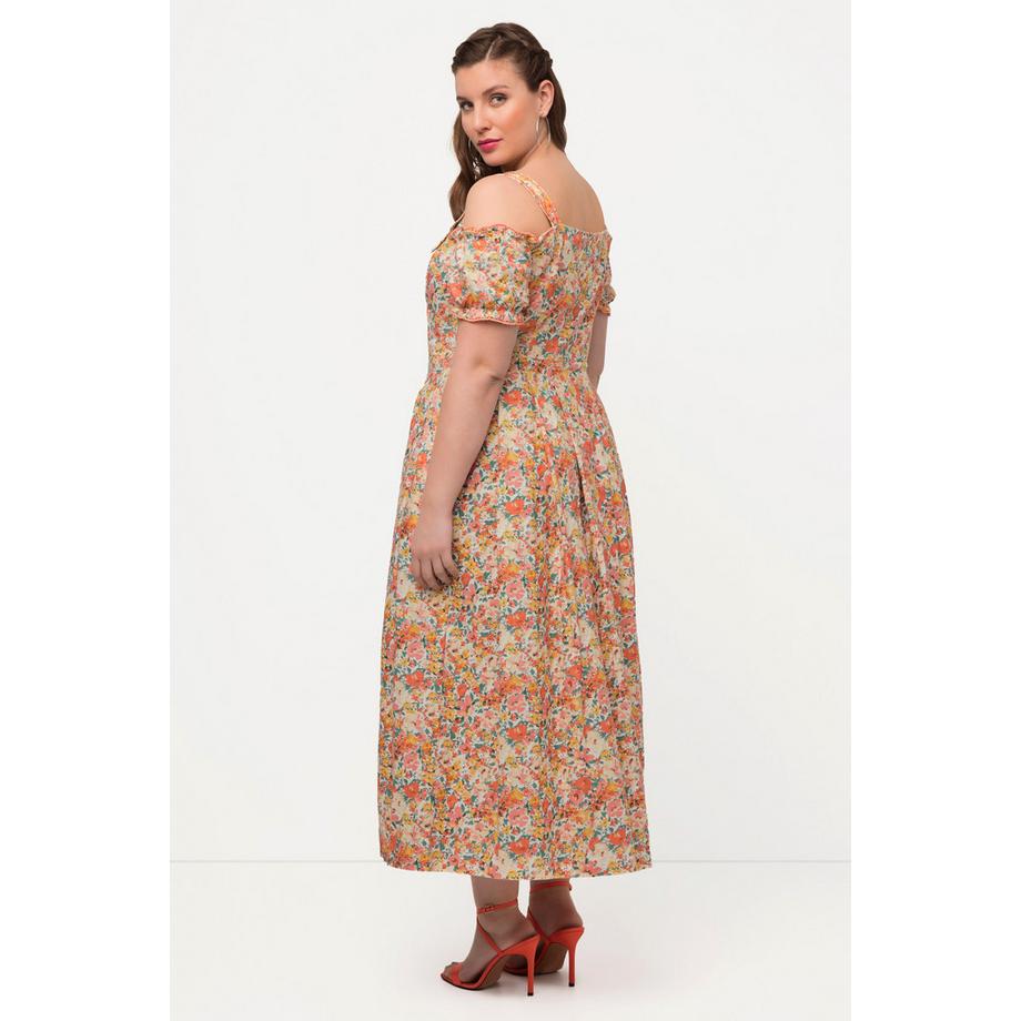Ulla Popken Robe Dirndl en Lin Mélangé Imprimé Floral Décolleté Cœur Manches Courtes  