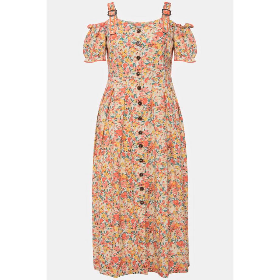 Ulla Popken Robe Dirndl en Lin Mélangé Imprimé Floral Décolleté Cœur Manches Courtes  