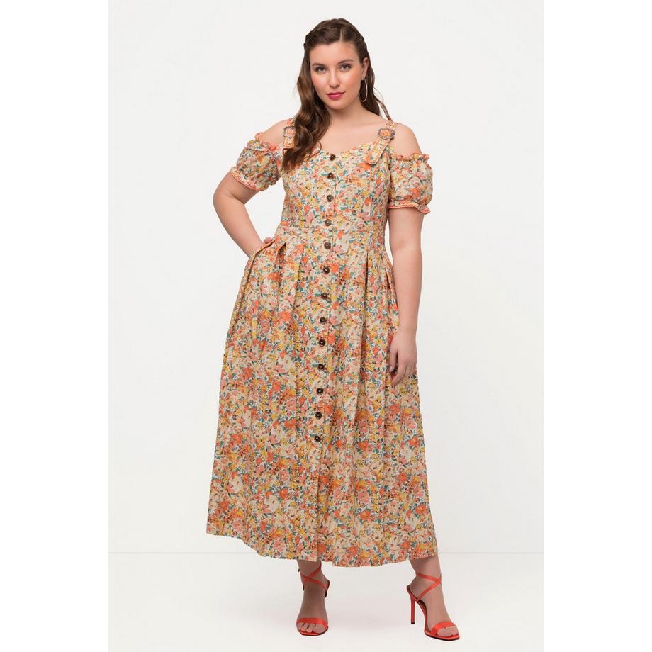 Ulla Popken Robe Dirndl en Lin Mélangé Imprimé Floral Décolleté Cœur Manches Courtes  