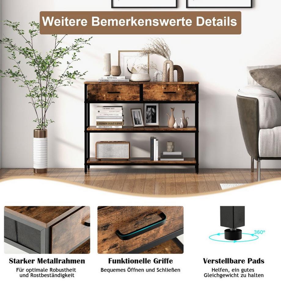 Tavolo consolle da 100 cm con 2 cassetti in tessuto Tavolino a 3 livelli marrone rustico