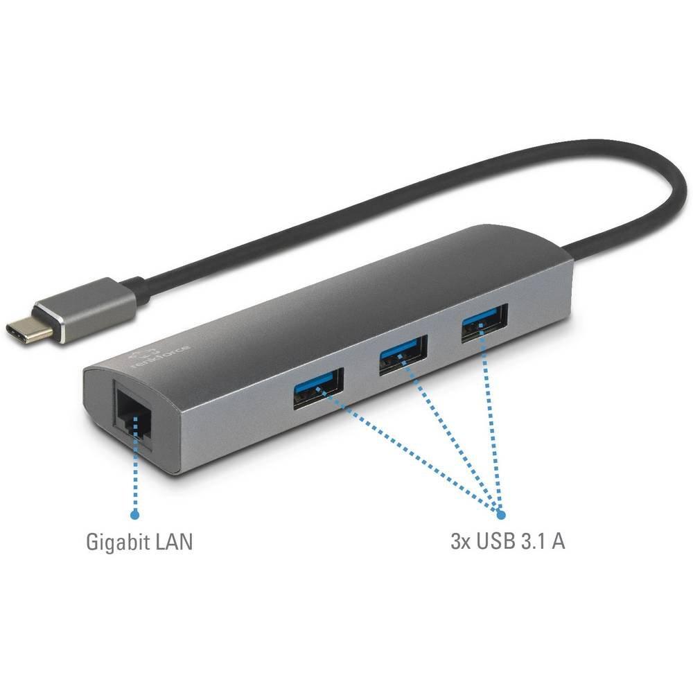 Renkforce  Netzwerkadapter/Hub 1 GBit/s USB-C® 5Gbps, LAN (10/100/1000 MBit/s), USB 3.2 Gen 1 (USB 3. 