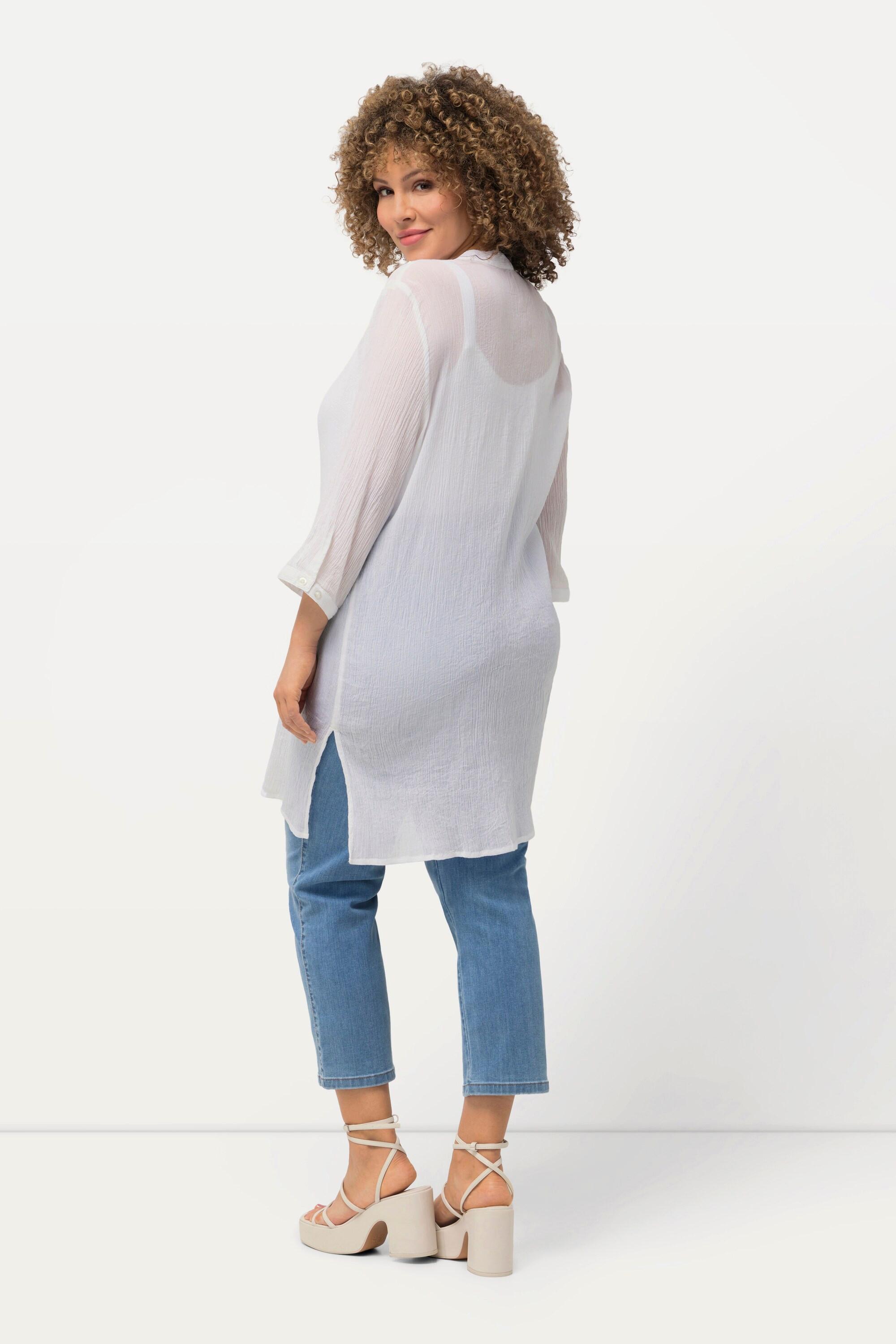 Ulla Popken  Blusa lunga in crêpe con collo alto, scollo a V e maniche a 3/4 