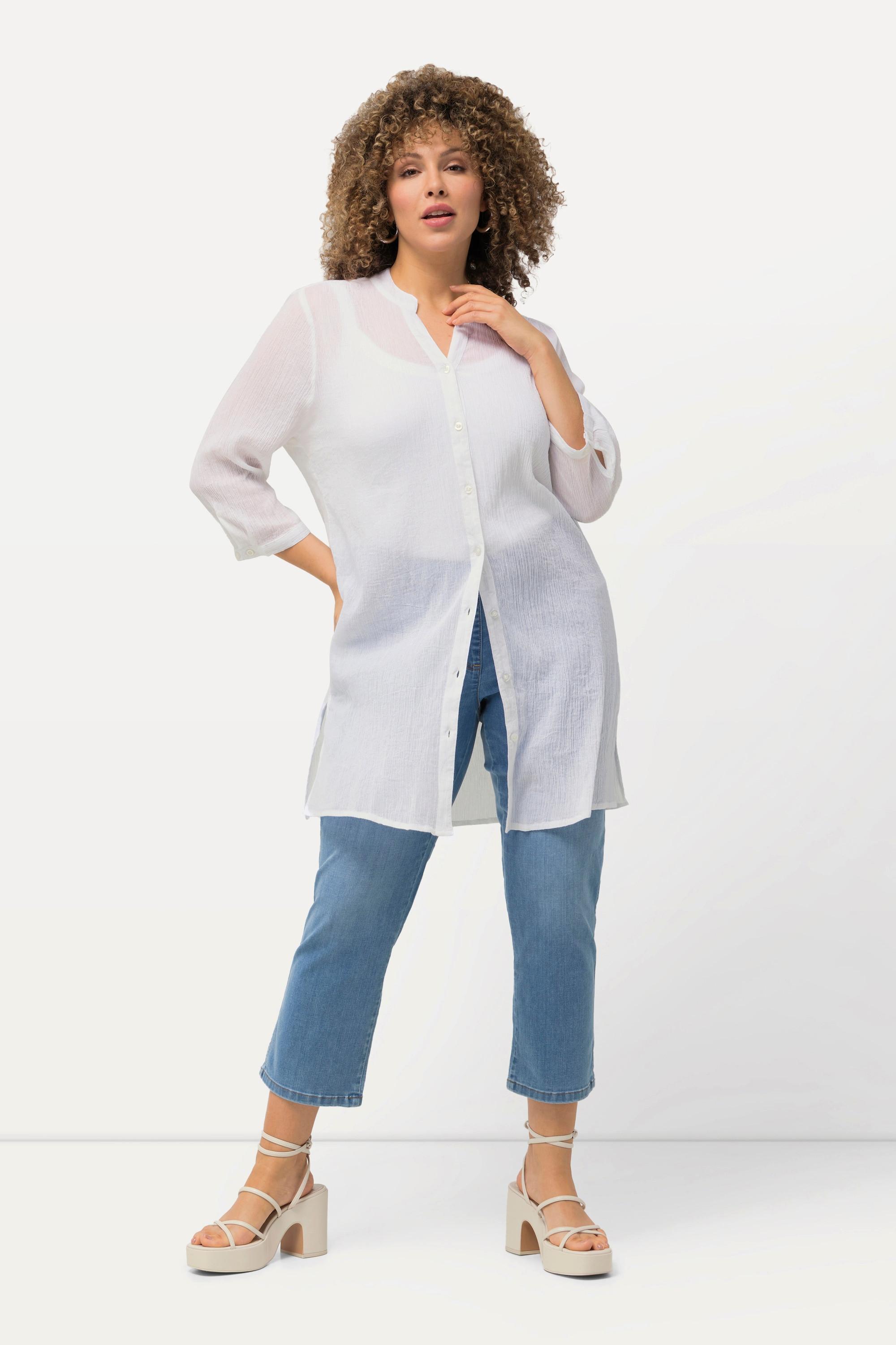 Ulla Popken  Blusa lunga in crêpe con collo alto, scollo a V e maniche a 3/4 